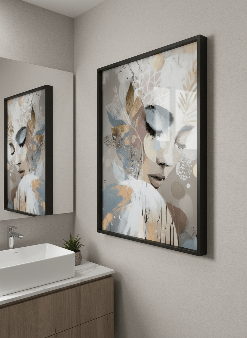 Modern print displayed in a clean minimalist bathroom setting