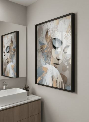 Modern print displayed in a clean minimalist bathroom setting