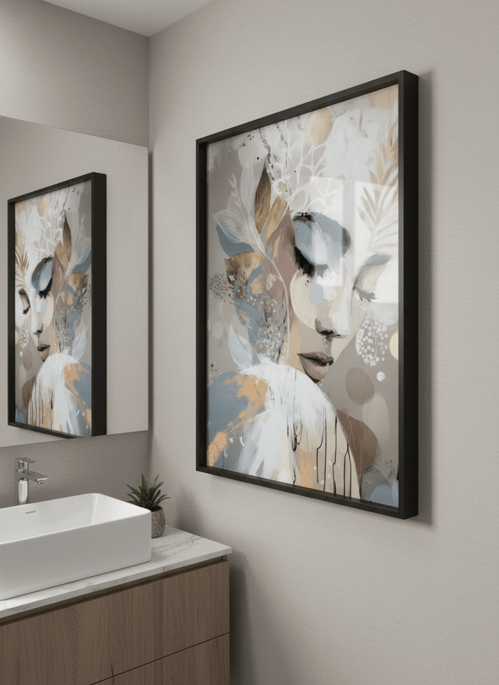 Modern print displayed in a clean minimalist bathroom setting