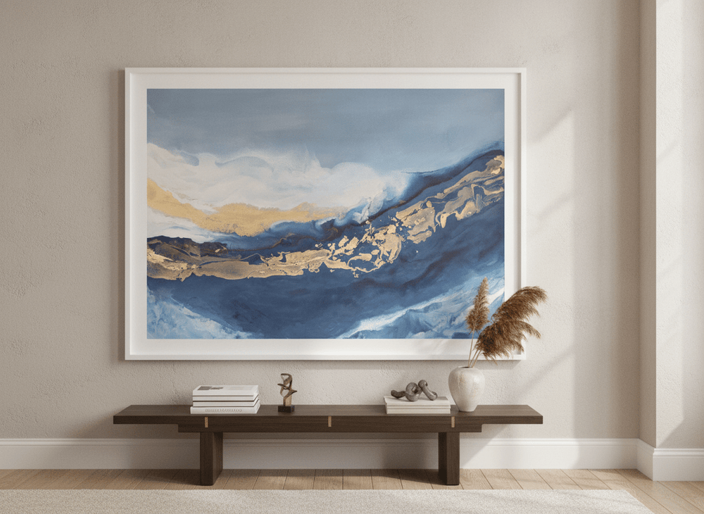 Monumental artwork centred on a feature wall in a luxe interior