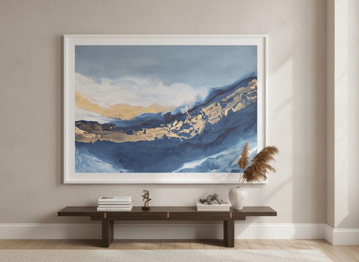 Monumental artwork centred on a feature wall in a luxe interior