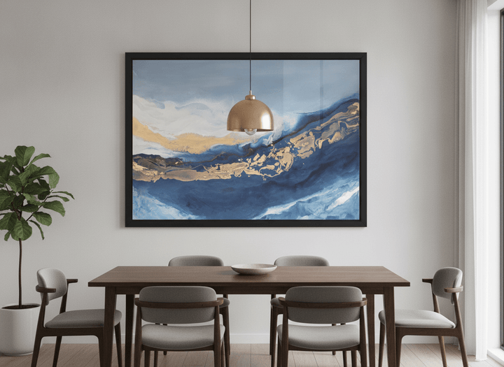 Wall art styled above a dining table in a contemporary home