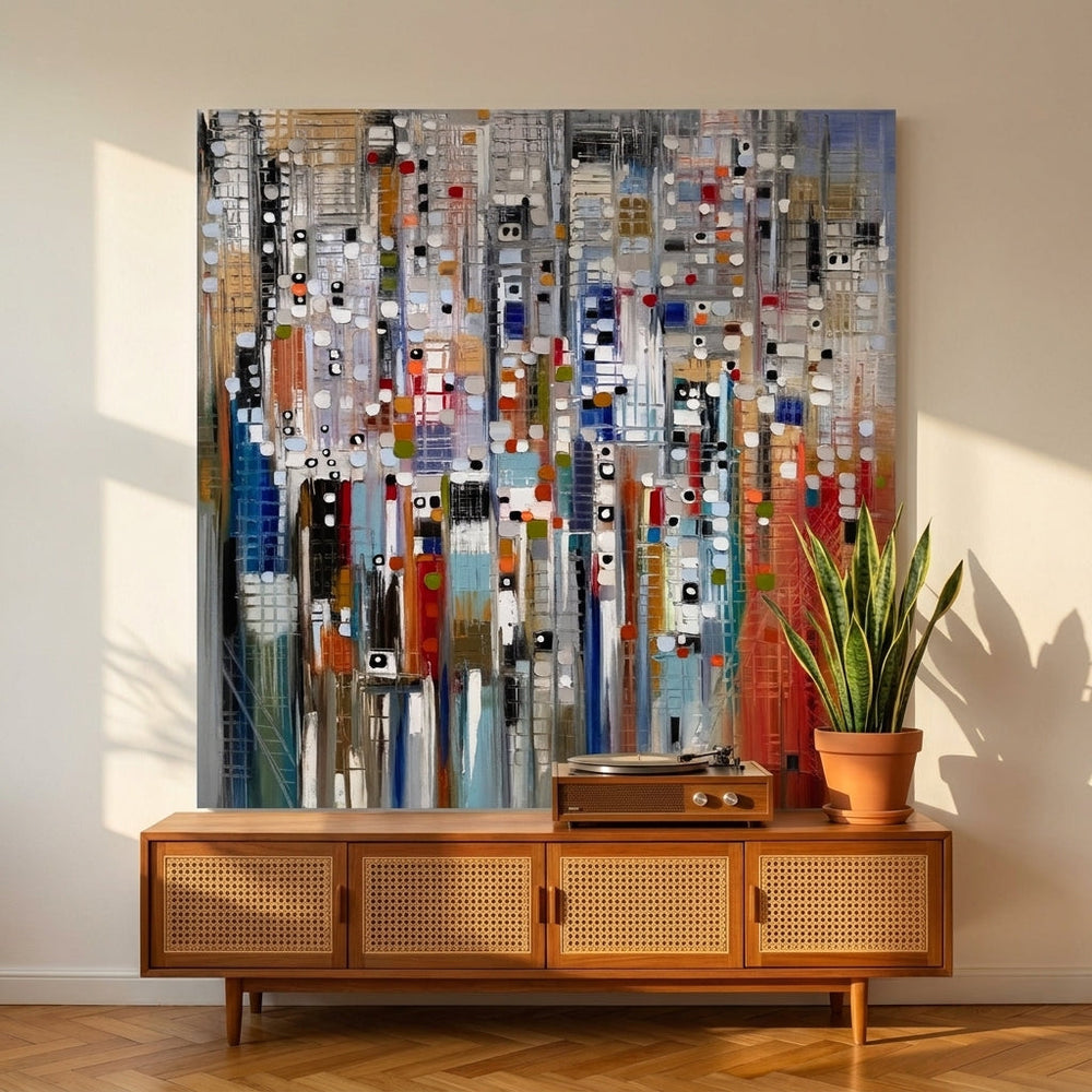 Stretched canvas wall art styled on the wall in a mid-century living room