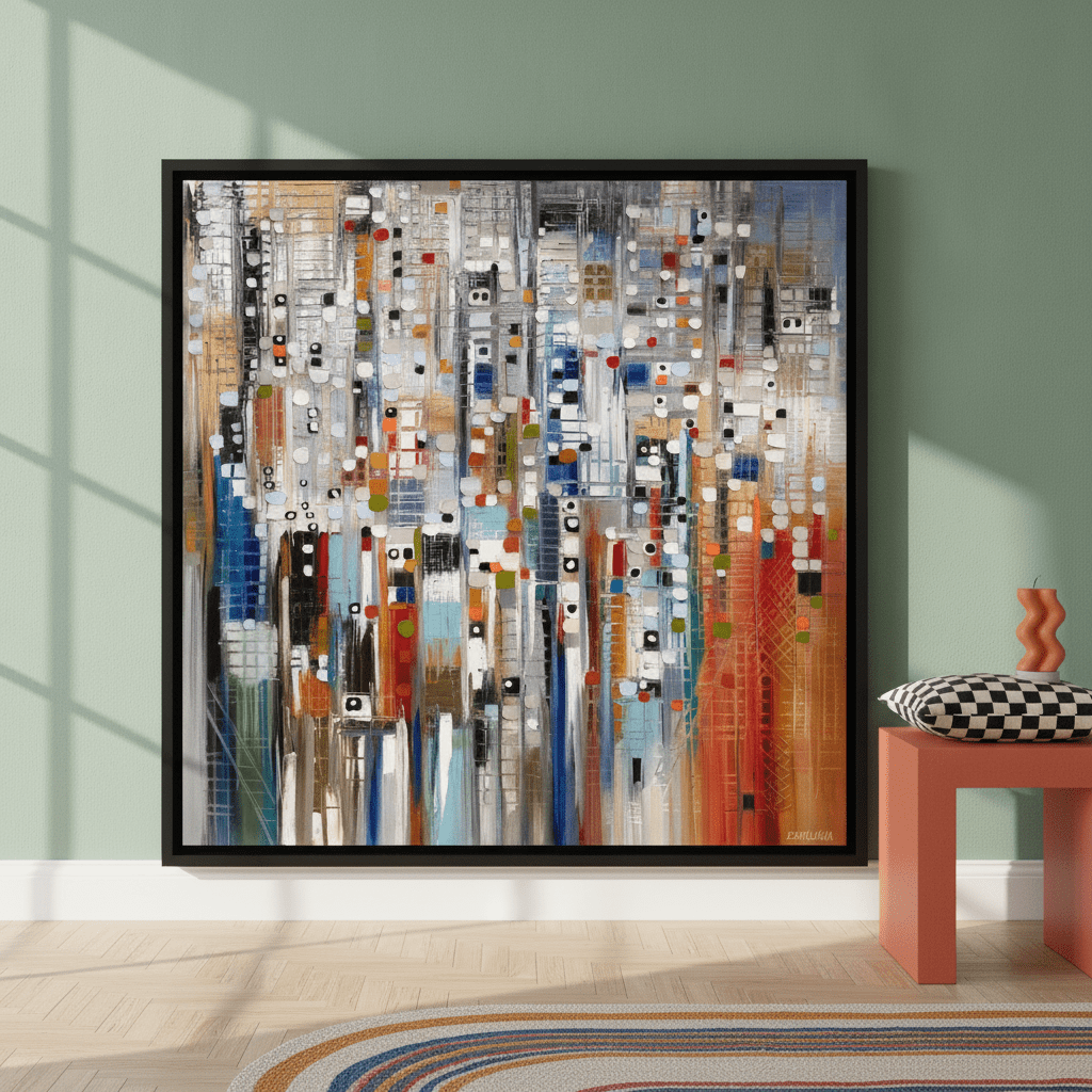 Oversized statement canvas wall art with a black surround leaning against the wall in a colourful eclectic living room