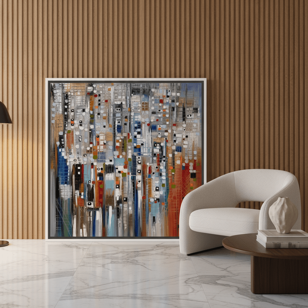 Canvas wall art with a white surround leaning against the wall in a luxe living room