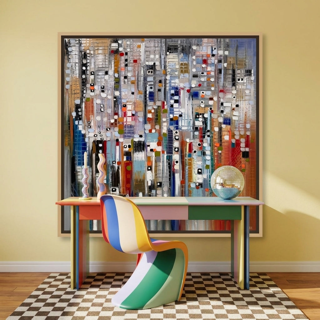 Canvas wall art with a natural timber surround styled on the wall in a colourful eclectic home office