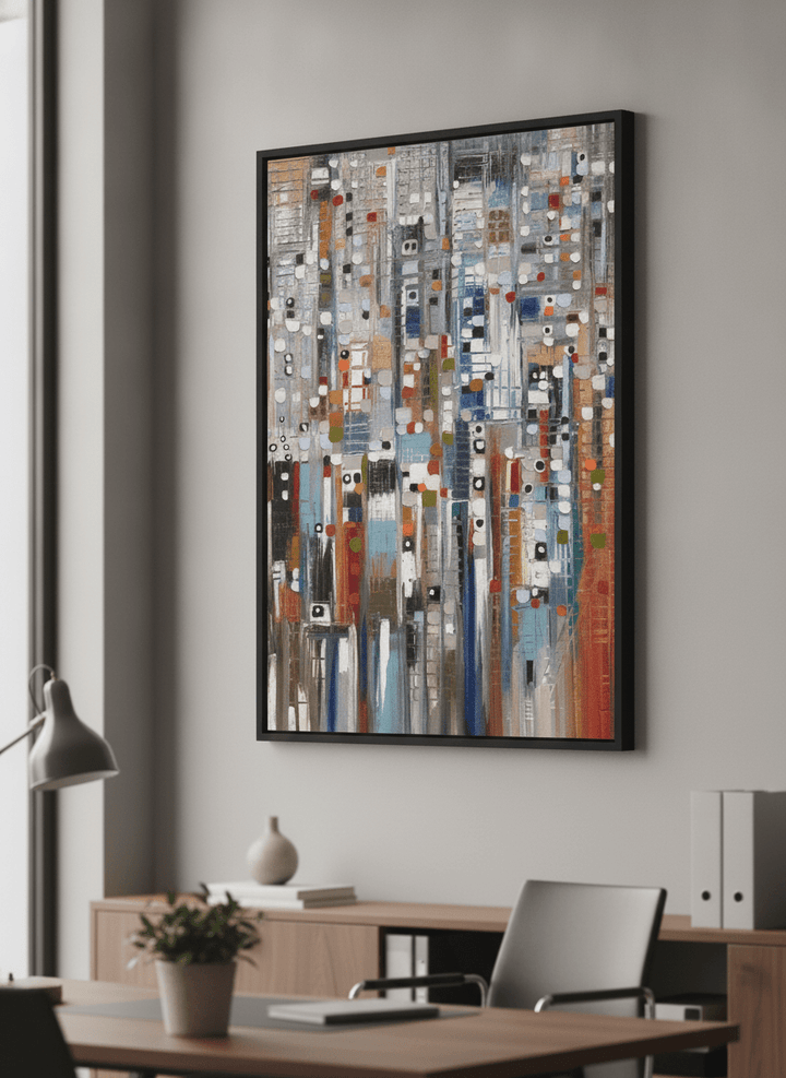 Contemporary wall art featured in a bright modern office workspace