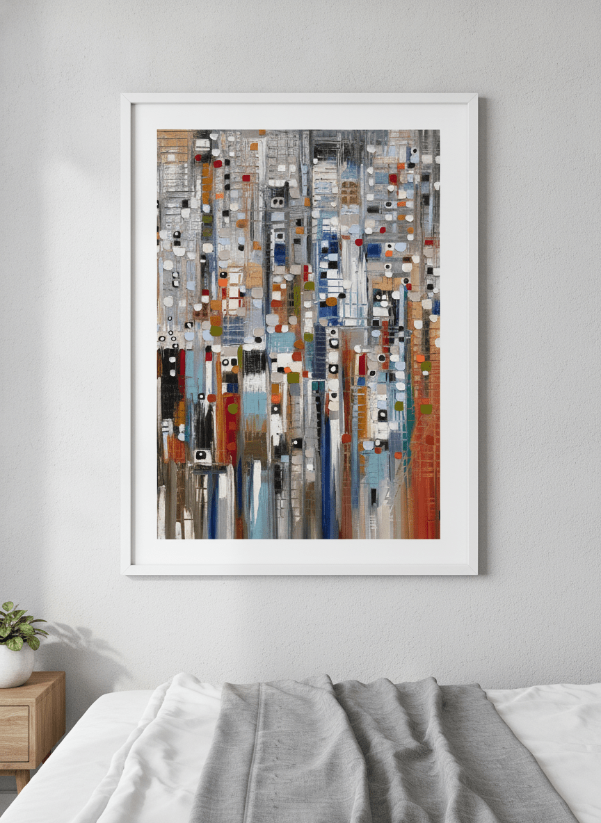 Minimalist artwork displayed in a calm, light-filled bedroom interior