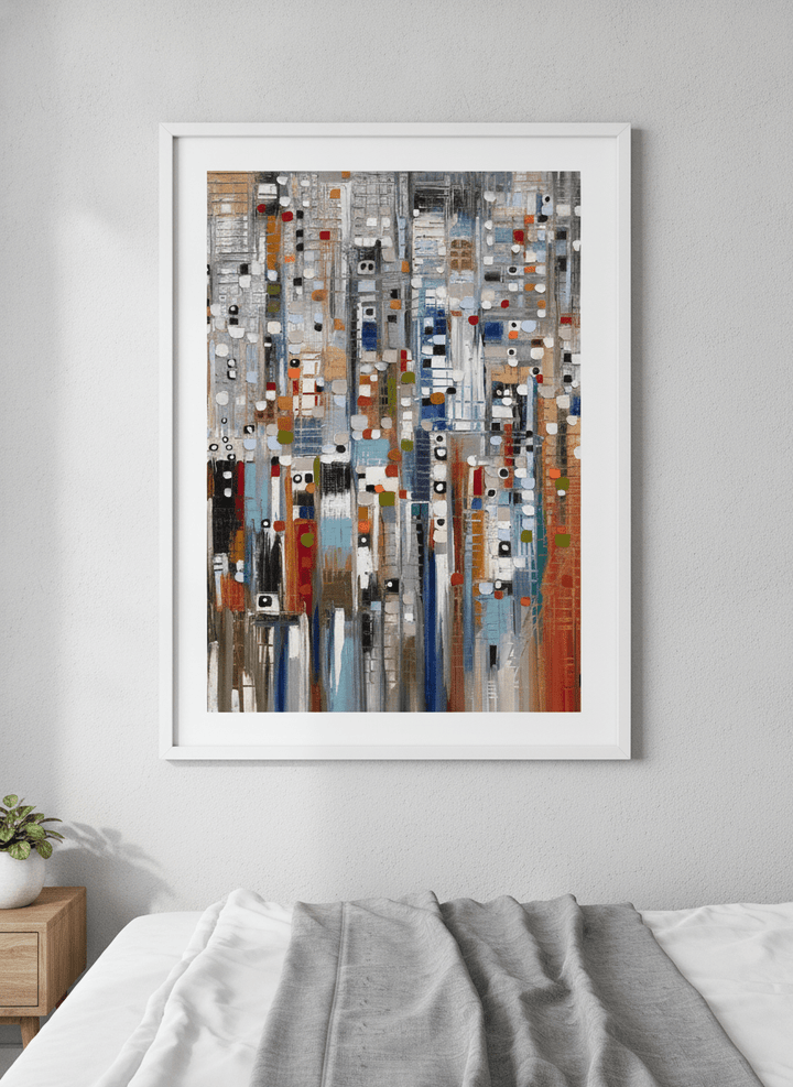 Minimalist artwork displayed in a calm, light-filled bedroom interior