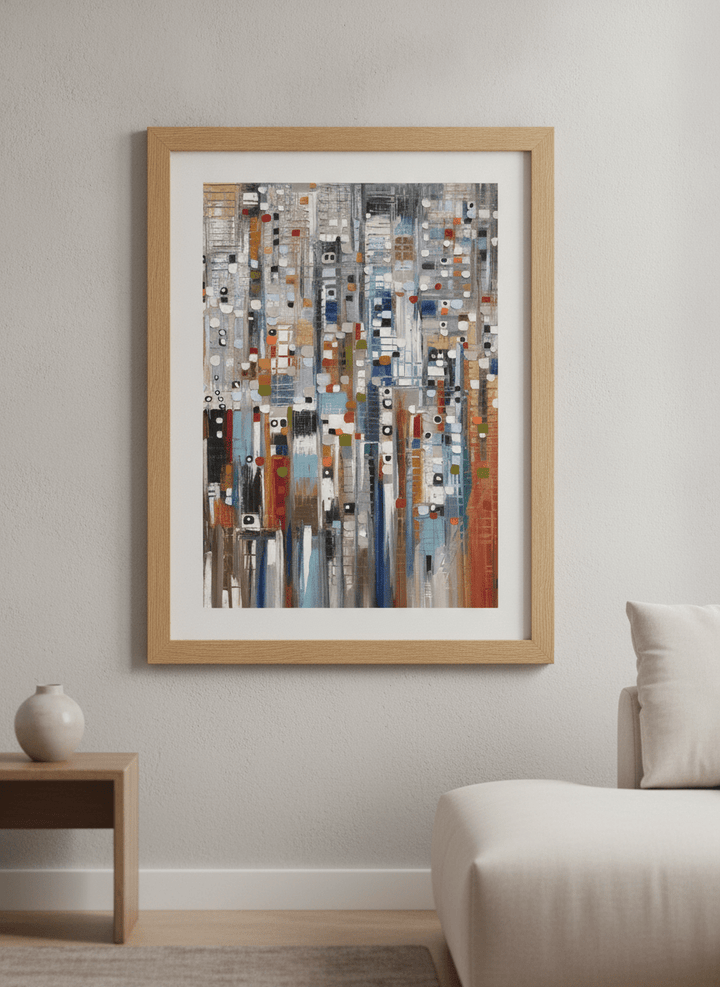 Modern wall art styled above a sofa in a neutral living room