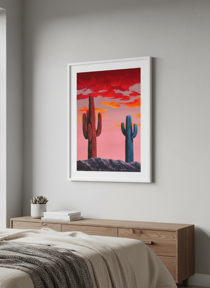 Minimalist artwork displayed in a calm, light-filled bedroom interior