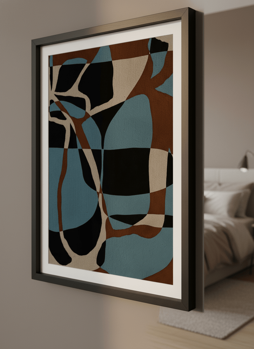 Minimalist artwork displayed in a calm, light-filled bedroom interior