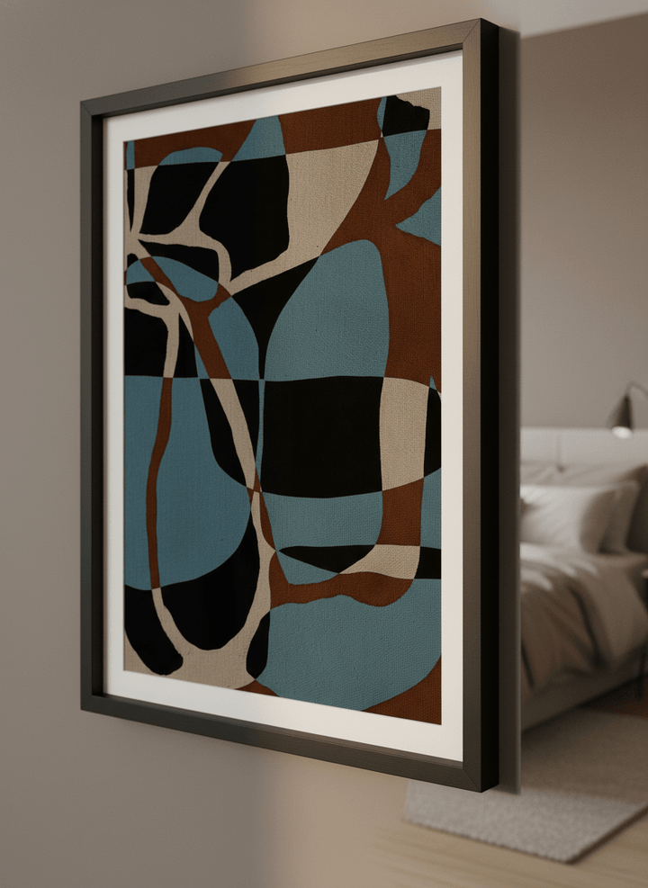 Minimalist artwork displayed in a calm, light-filled bedroom interior