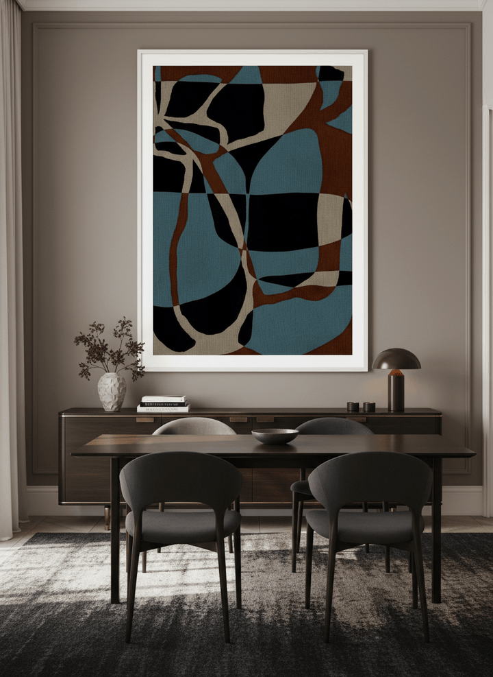 Monumental artwork centred on a feature wall in a luxe interior