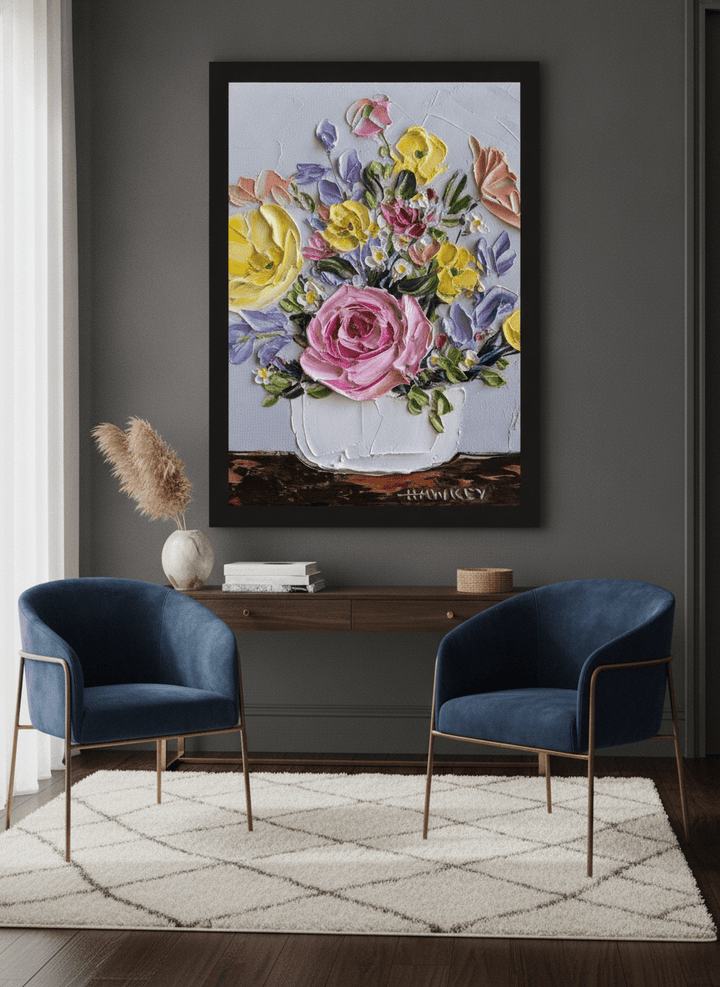 Monumental artwork centred on a feature wall in a luxe interior