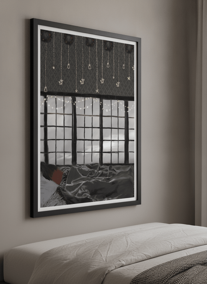 Minimalist artwork displayed in a calm, light-filled bedroom interior
