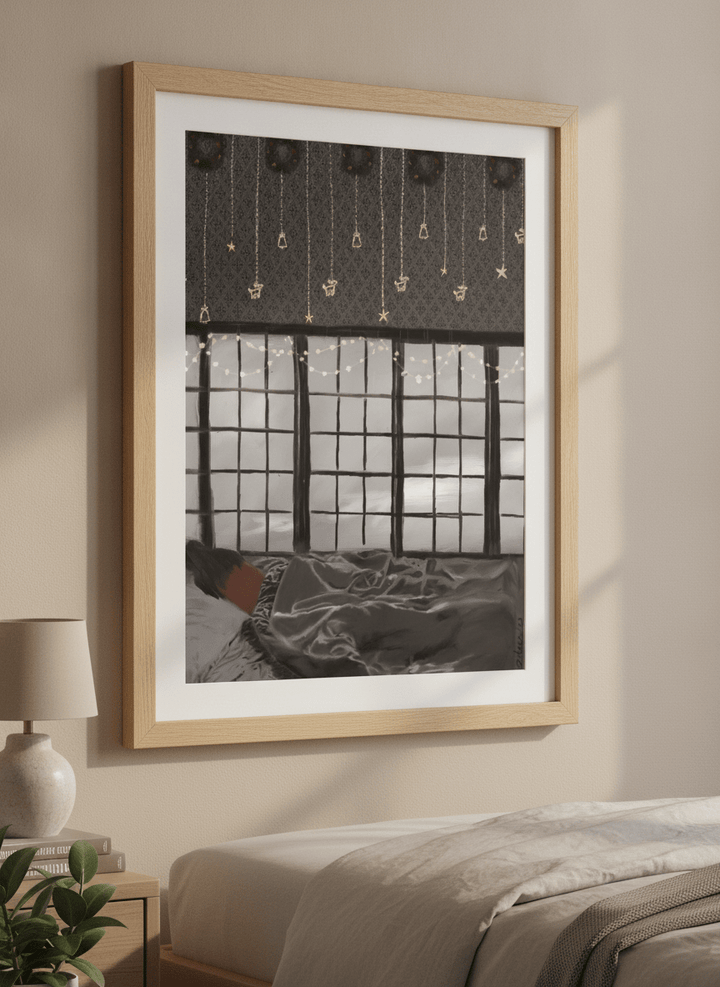 Minimalist artwork displayed in a calm, light-filled bedroom interior