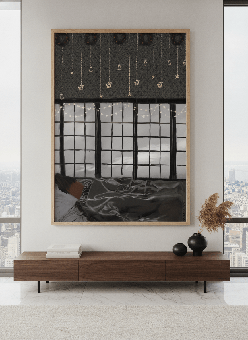 Monumental artwork centred on a feature wall in a luxe interior