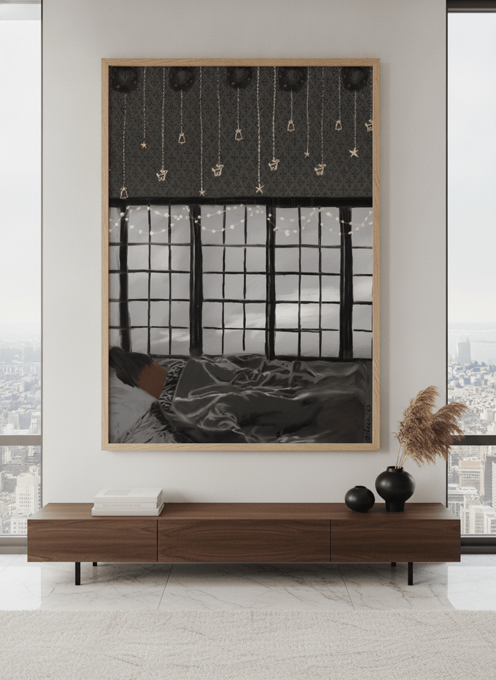 Monumental artwork centred on a feature wall in a luxe interior