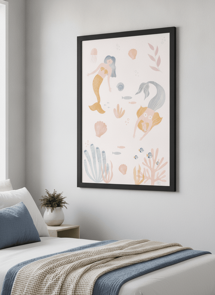 Minimalist artwork displayed in a calm, light-filled bedroom interior