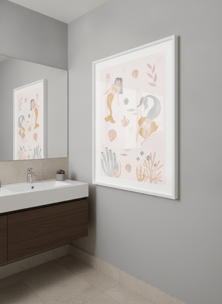 Modern print displayed in a clean minimalist bathroom setting