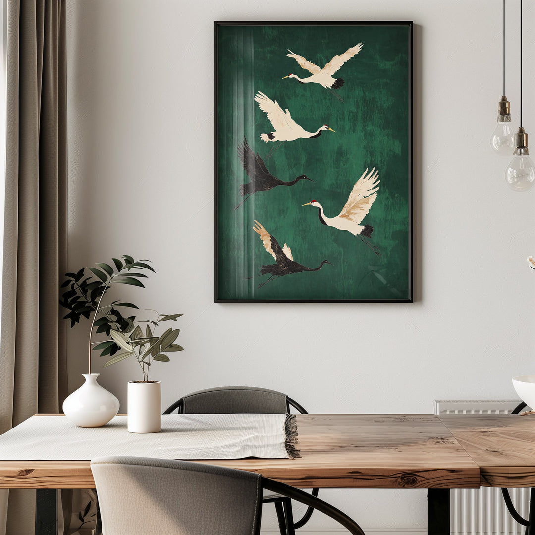 Six Crane Emerald Flying,livingroom,timber border