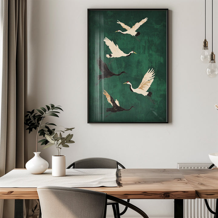 Six Crane Emerald Flying,livingroom,timber border