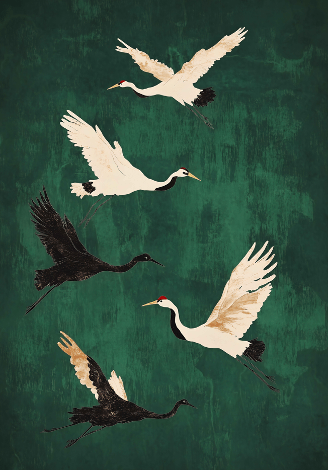 Six Crane Emerald Flying,frame