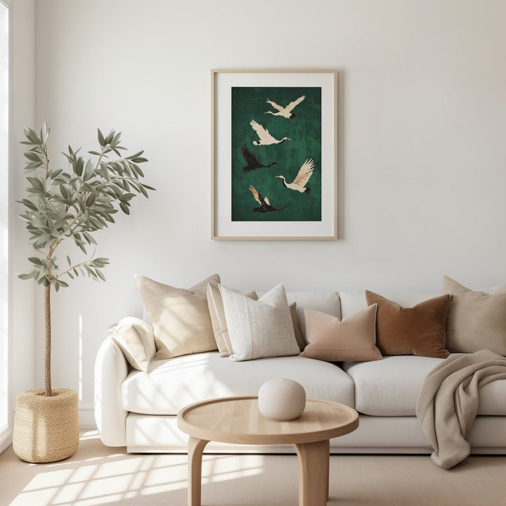Six Crane Emerald Flying,livingroom,timber border