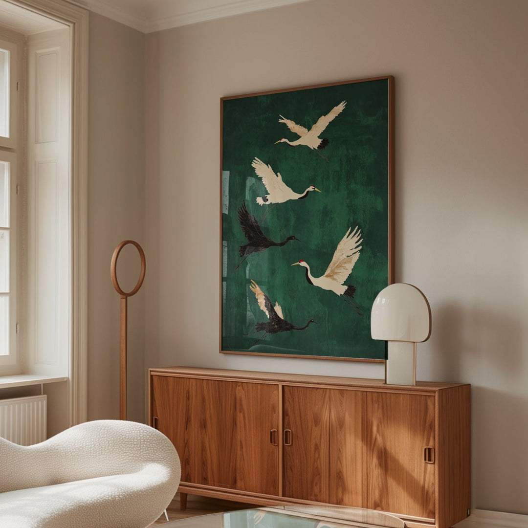Six Crane Emerald Flying,livingroom,timber border