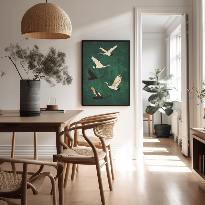 Six Crane Emerald Flying,livingroom,timber border