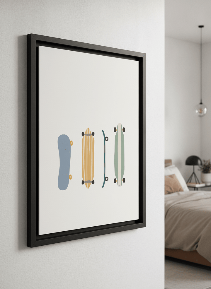 Minimalist artwork displayed in a calm, light-filled bedroom interior