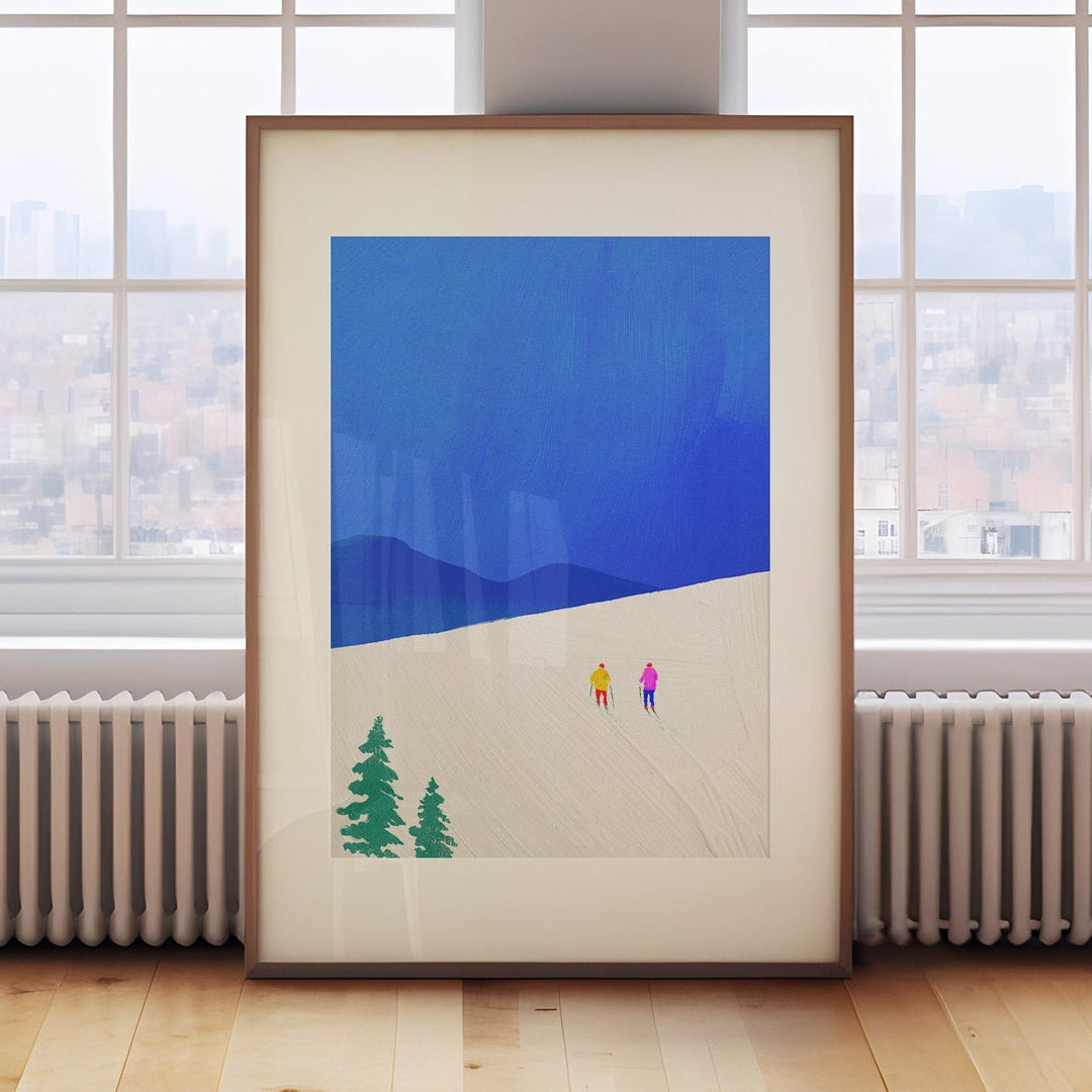 artwork with a blue sky and green trees on a wooden floor in front of large windows.