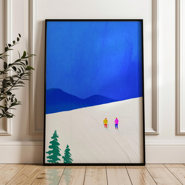 abstract art print with blue sky, white ground, and colorful figures on a wall.