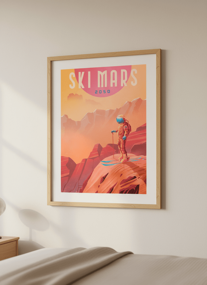 Minimalist artwork displayed in a calm, light-filled bedroom interior