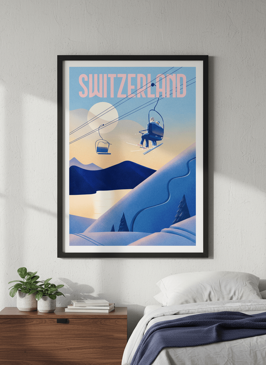 Minimalist artwork displayed in a calm, light-filled bedroom interior