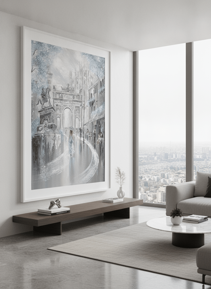 Monumental artwork centred on a feature wall in a luxe interior