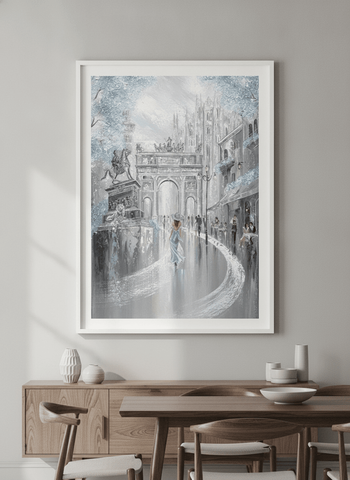 Wall art styled above a dining table in a contemporary home
