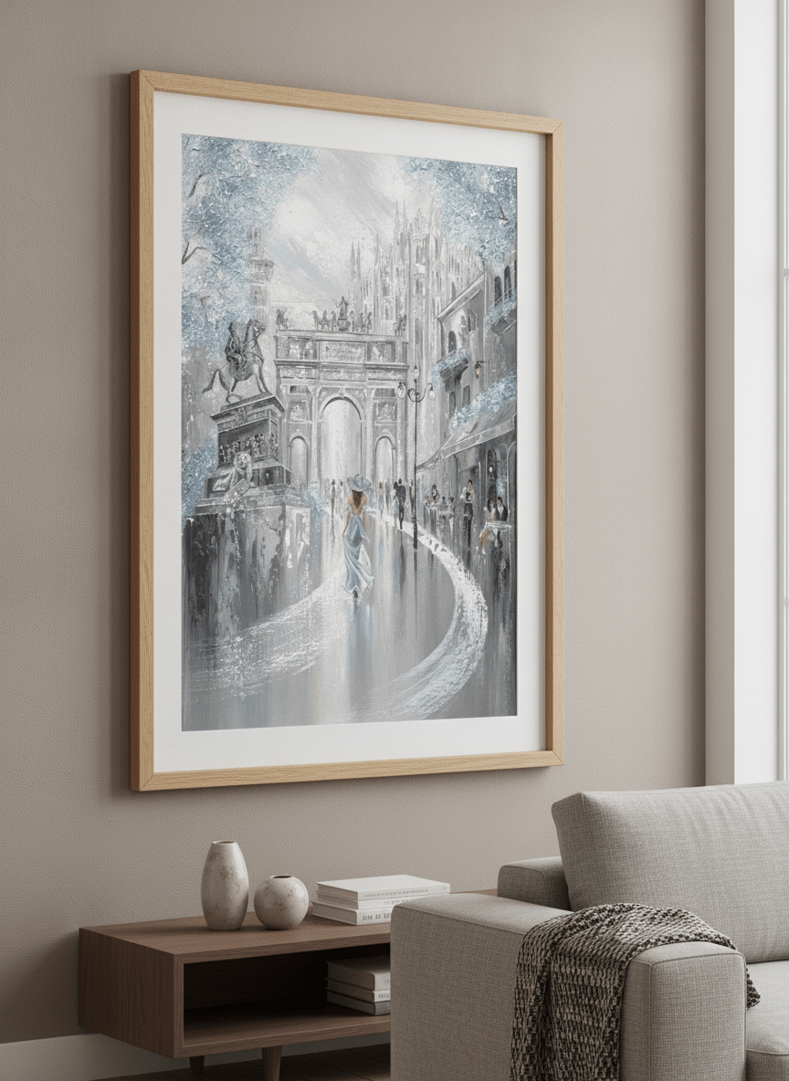 Modern wall art styled above a sofa in a neutral living room