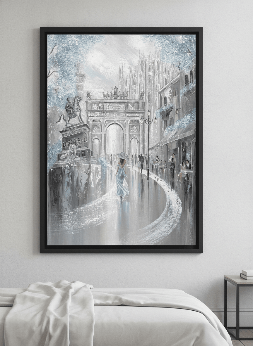 Minimalist artwork displayed in a calm, light-filled bedroom interior