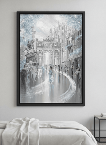 Minimalist artwork displayed in a calm, light-filled bedroom interior