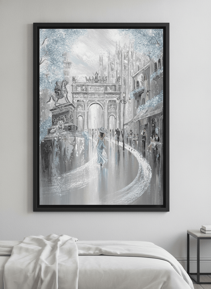 Minimalist artwork displayed in a calm, light-filled bedroom interior