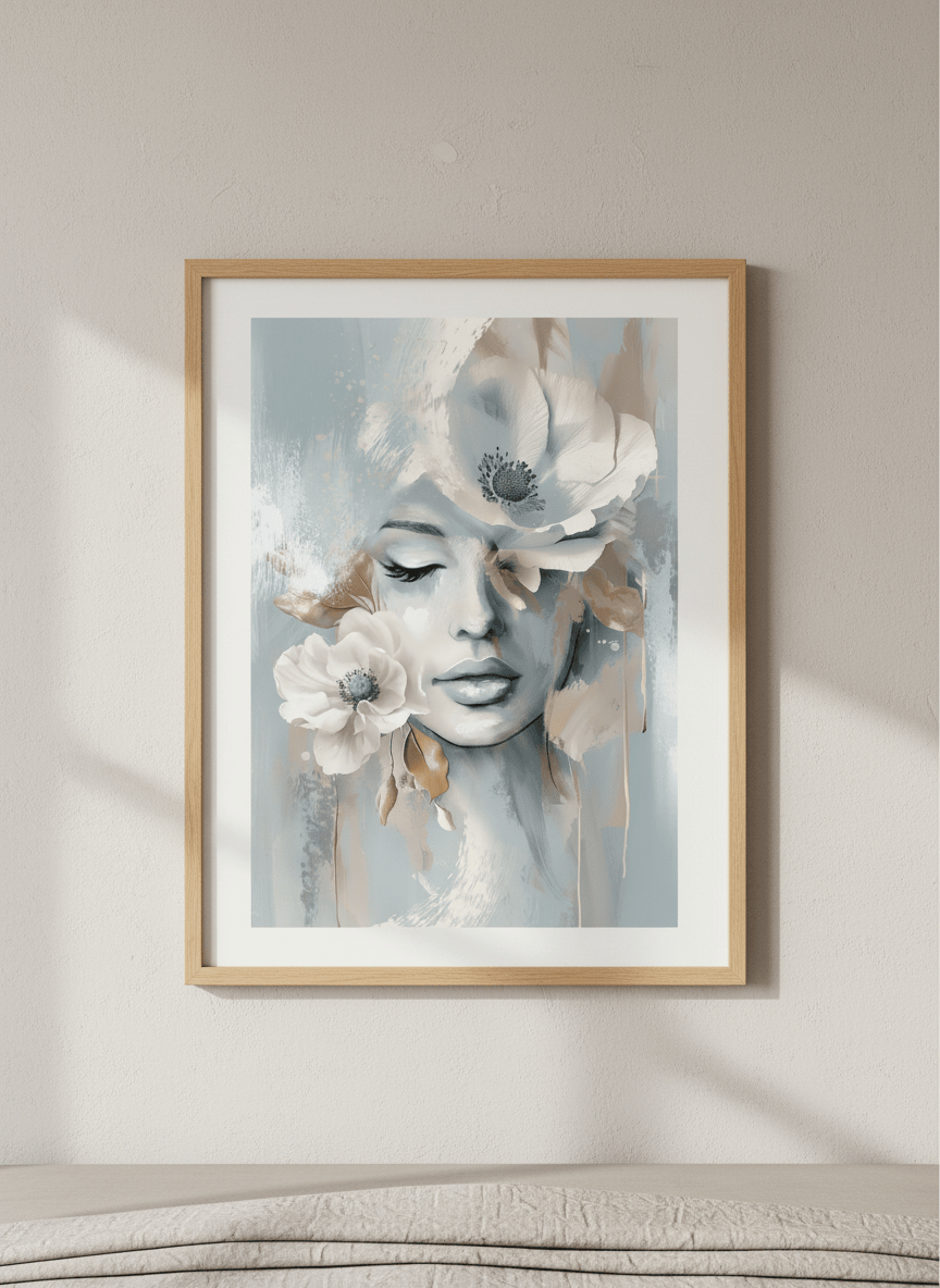 Minimalist artwork displayed in a calm, light-filled bedroom interior