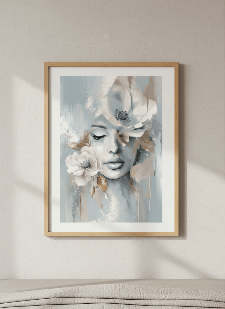Minimalist artwork displayed in a calm, light-filled bedroom interior