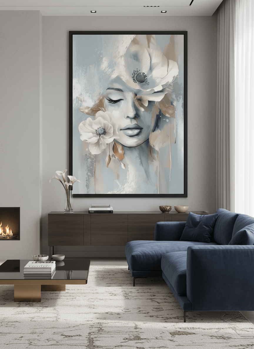Monumental artwork centred on a feature wall in a luxe interior