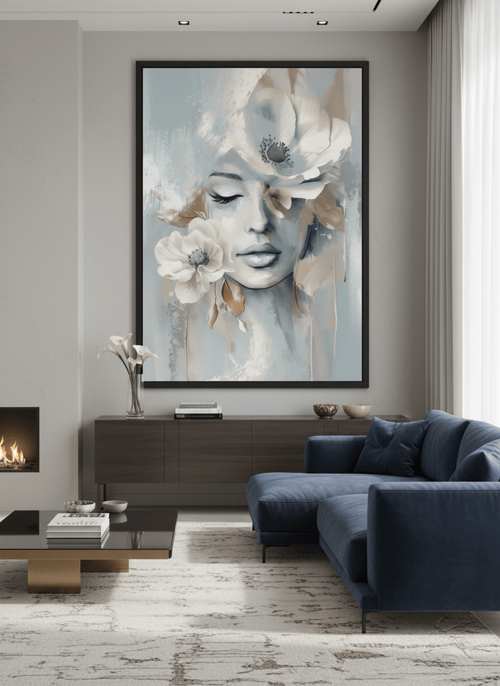 Monumental artwork centred on a feature wall in a luxe interior