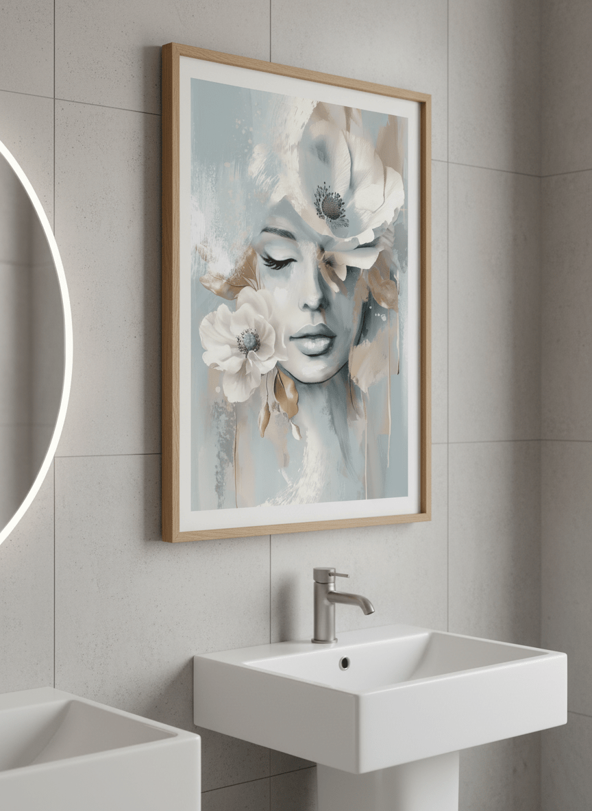 Modern print displayed in a clean minimalist bathroom setting