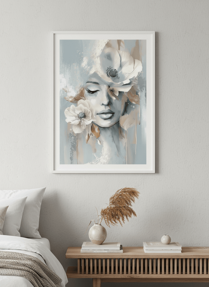 Minimalist artwork displayed in a calm, light-filled bedroom interior