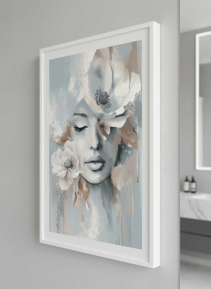 Modern print displayed in a clean minimalist bathroom setting