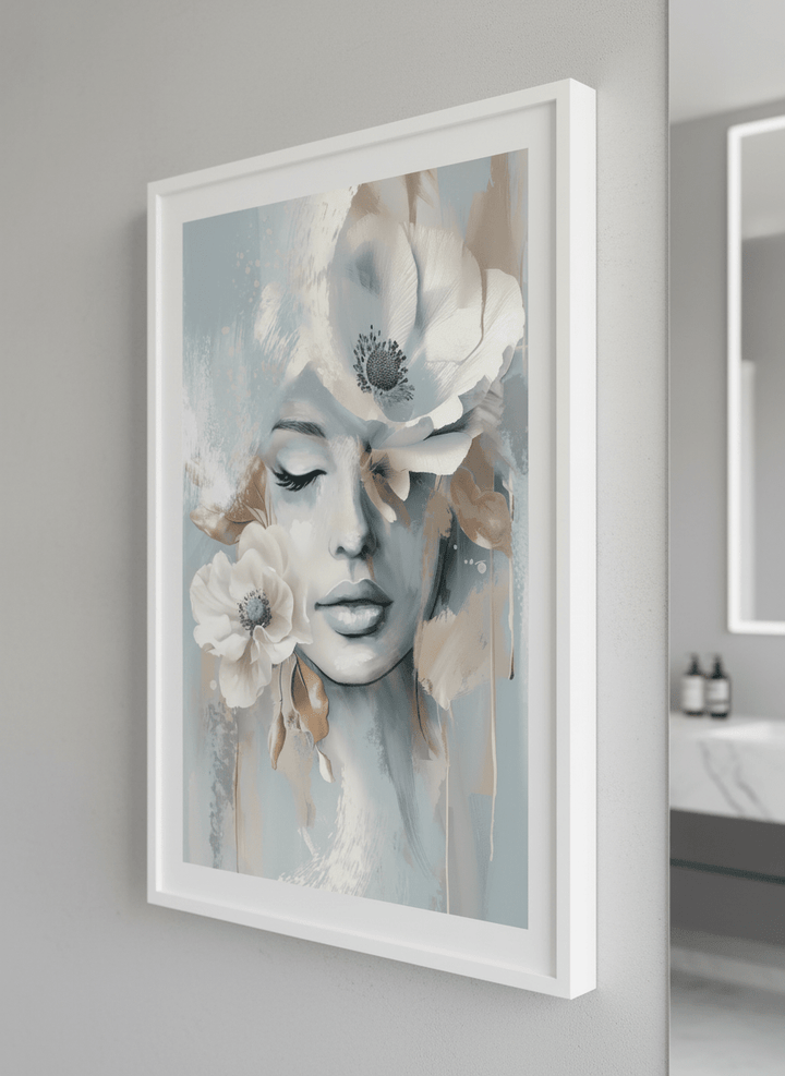 Modern print displayed in a clean minimalist bathroom setting